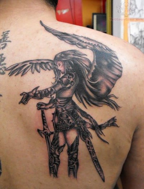 Grey Ink Angel Tattoo On Right Back Shoulder
