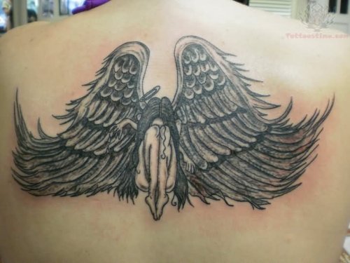 Grey Ink Winged angel Tattoo On Upperback