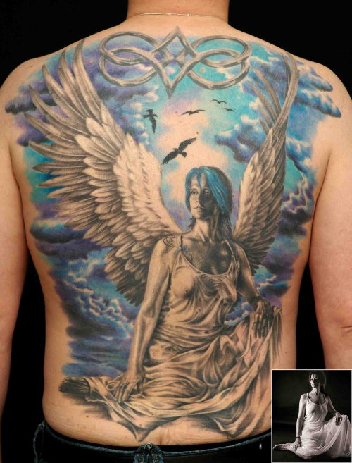 Colored Ink Angel Tattoo On Man Back Body