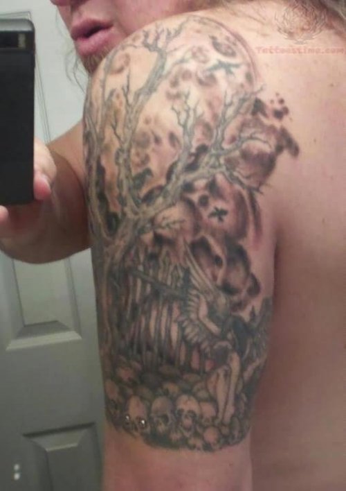 Angel, Tree and Skulls Tattoos On Left Shoulder