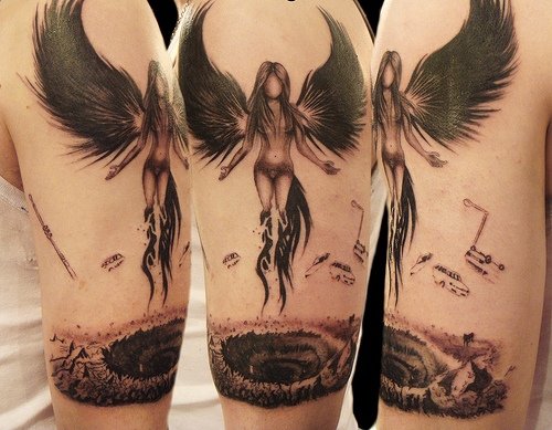 Black Ink Angel Tattoo On Half Sleeve