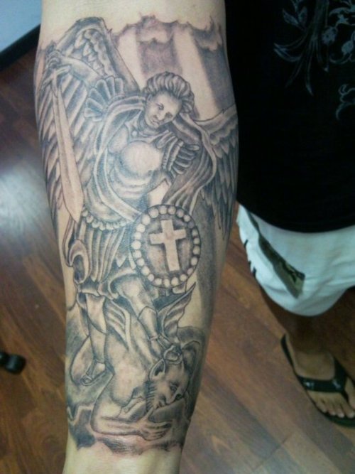 ArchAngel And Cross Tattoo On Right Arm