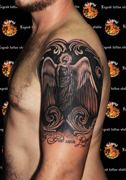 Man Left Shoulder Angel Tattoo