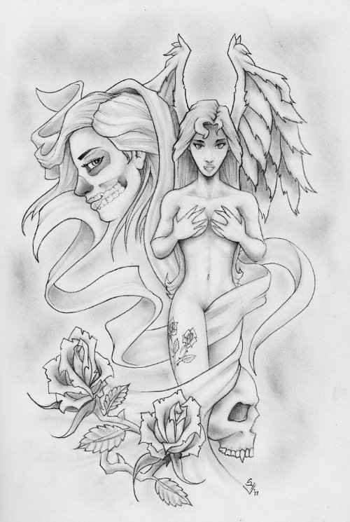 Angel and Flowers Tattoo Design