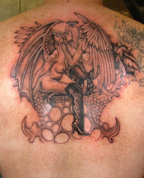 Devil And Angel Kissing Grey Ink Tattoo On Upperback