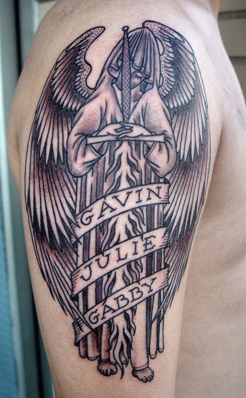 Grey Ink Cupid Angel With Banner Tattoo On Half Sleeve