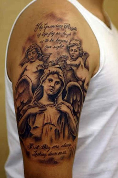Grey Ink Angel Tattoos On Man Right Half Sleeve