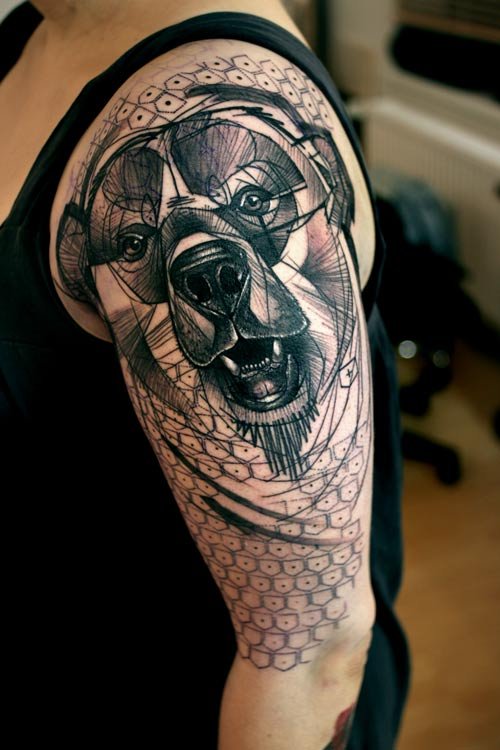 Grey Ink Bear Animal Tattoo On Left Half Sleeve