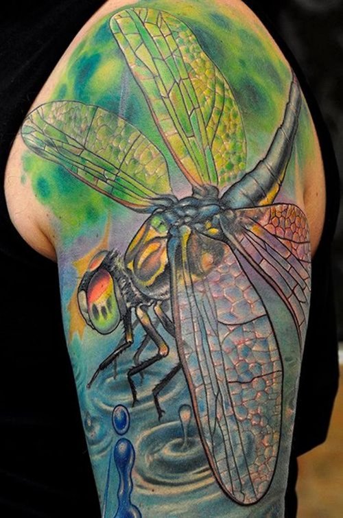 Left Half Sleeve Dragonfly Animal Tattoo