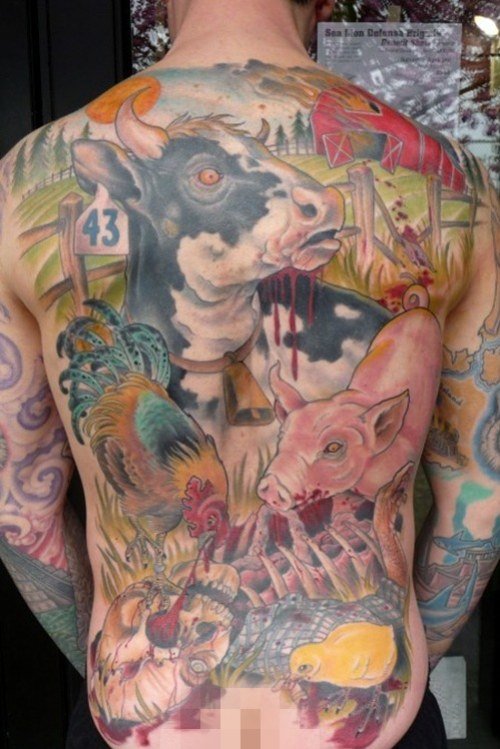 Colored Animal Tattoos On Man Back Body