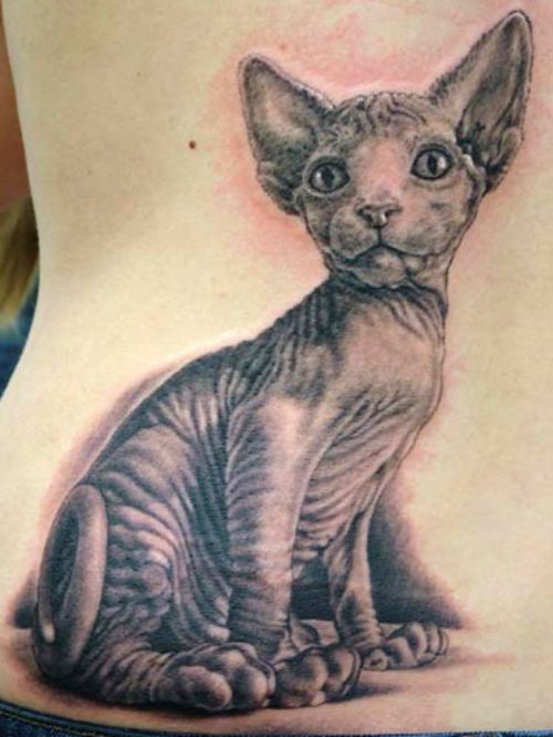 Grey Ink Cat Animal Tattoo On Back Body
