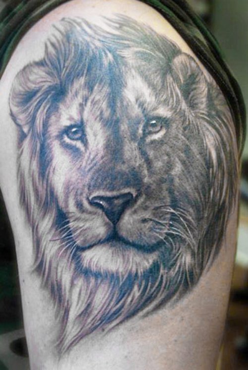 Grey Ink Lion Head Animal Tattoo
