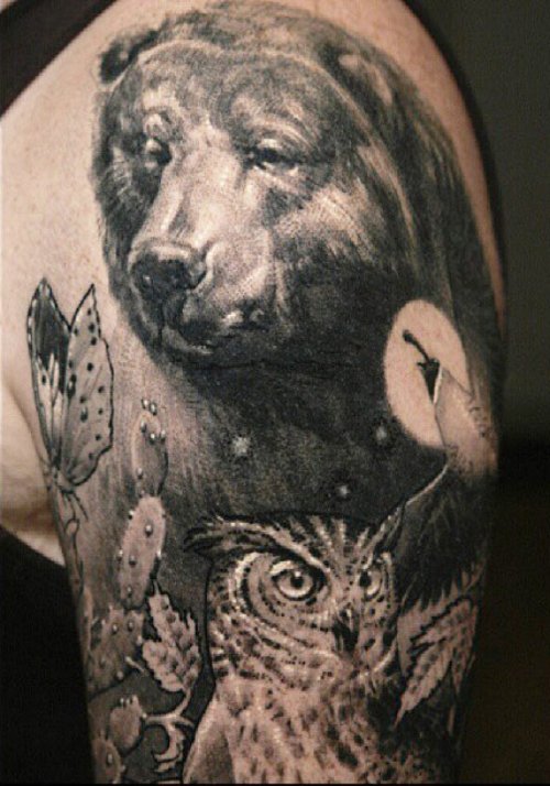 Grey Ink Bear Left Shoulder Animal Tattoo
