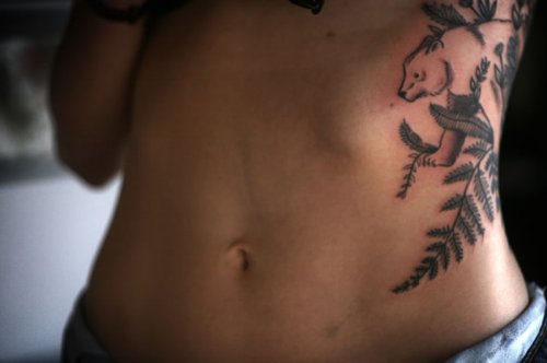 Grey Ink Bear Animal Tattoo On Left Side Rib