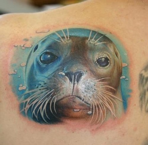 Seal Animal Tattoo On Left Back Shoulder