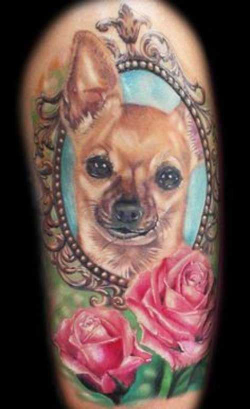 Pink Rose Flowers And Dog Head Animal Tattoo