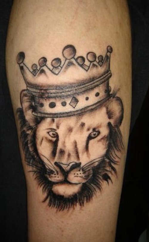Grey Ink Crown Lion Head Animal Tattoo