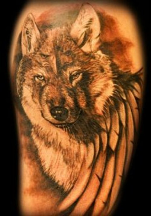 Feather And Wolf Animal Tattoo