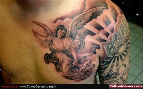 Grey Ink Animated Angel Tattoo On Left SHoulder