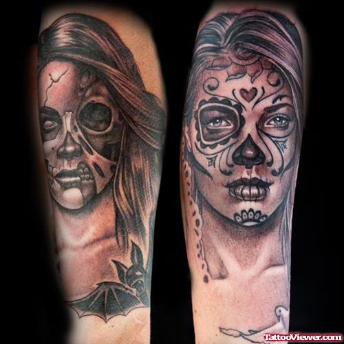 Dia De Los Muertos Grey Ink Tattoo On Sleeve