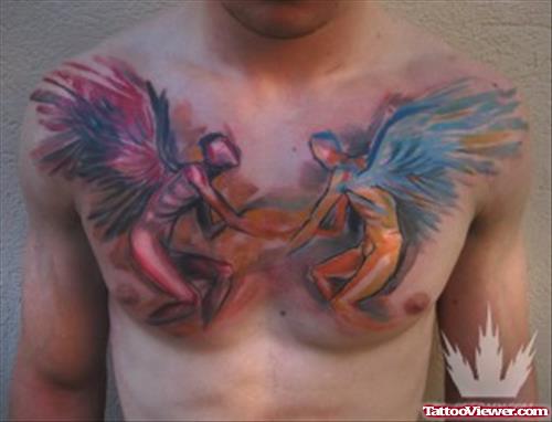 Colored Abstract Animated Tattoos On Man Chest