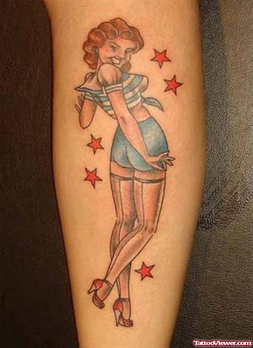 Animated Pinup Girl Tattoo On Leg