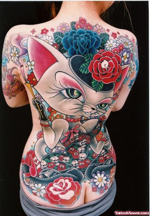 Colored Animated Tattoos On Girl Back Body