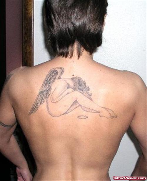 Grey Ink Animated Angel Tattoo On Upperback