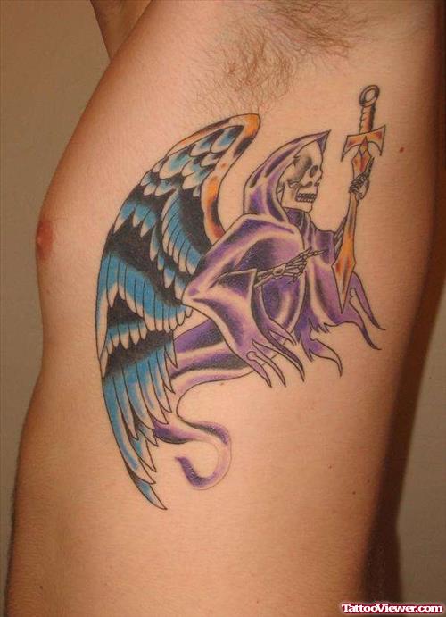 Color Winged Ghost Animated Tattoo On Side