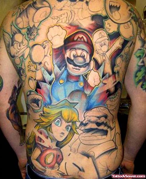 Color Ink Animated Mario Video Game Tattoo On Back
