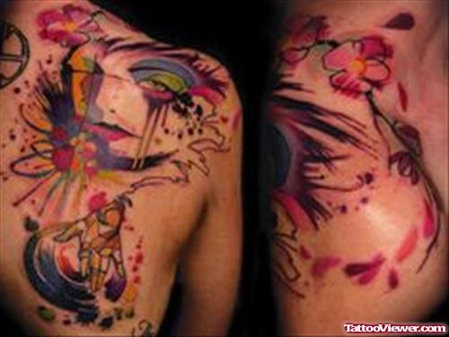 Abstract Colors Animated Tattoo On Back Shoulder
