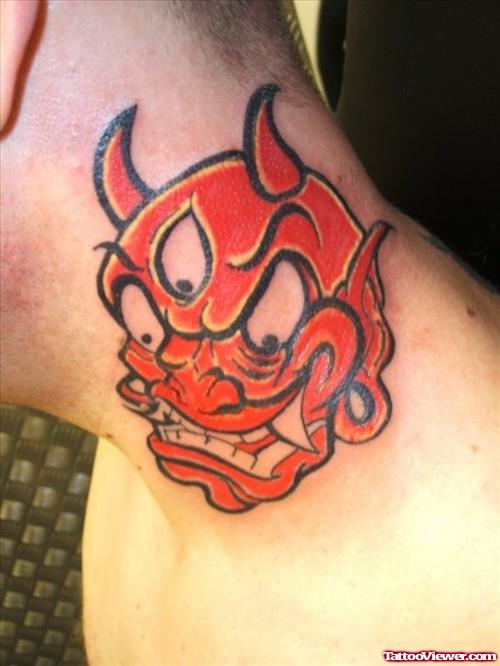 Red Ink Devil Animated Tattoo On Side Neck