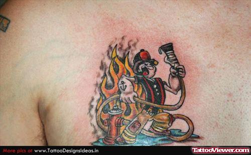 Color Flaming Firefighter Animated Tattoo On Chest