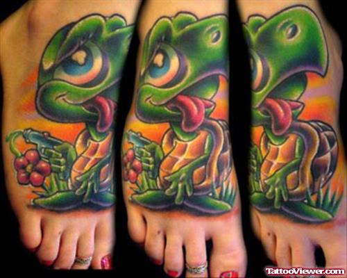 Green Ink Animated Turtle Tattoos On Feet