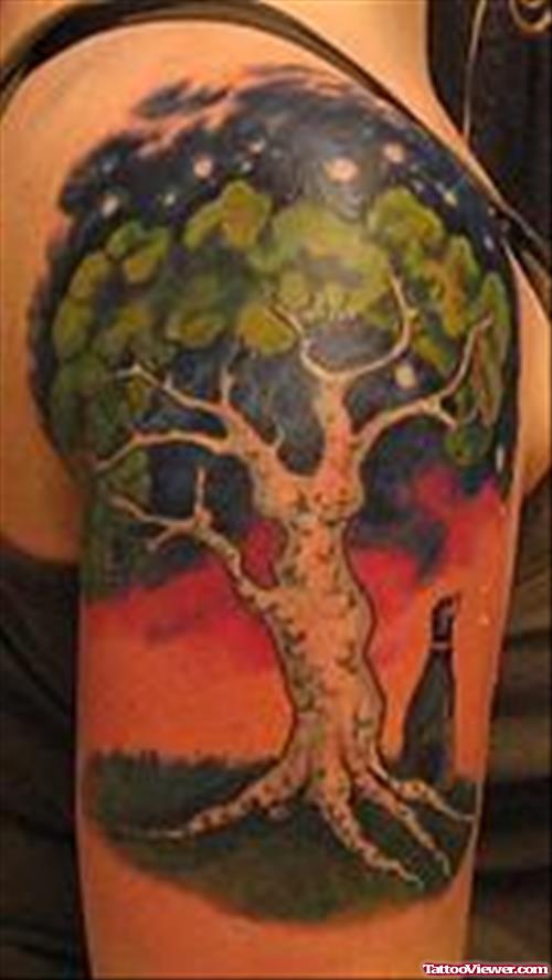 Colored Tree Animated Tattoo On Half Sleeve