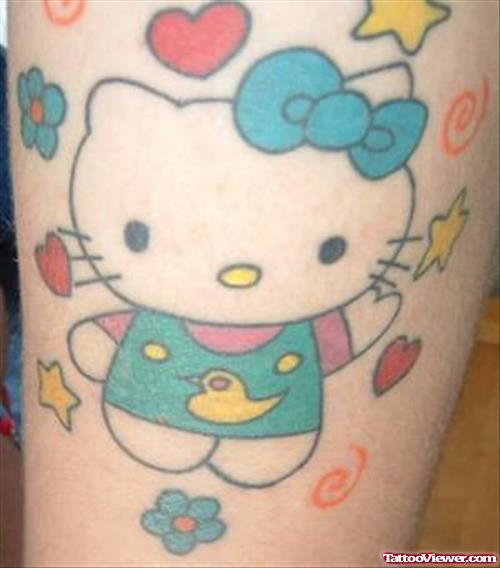 Colored Animated Kitty Tattoo On Half Sleeve