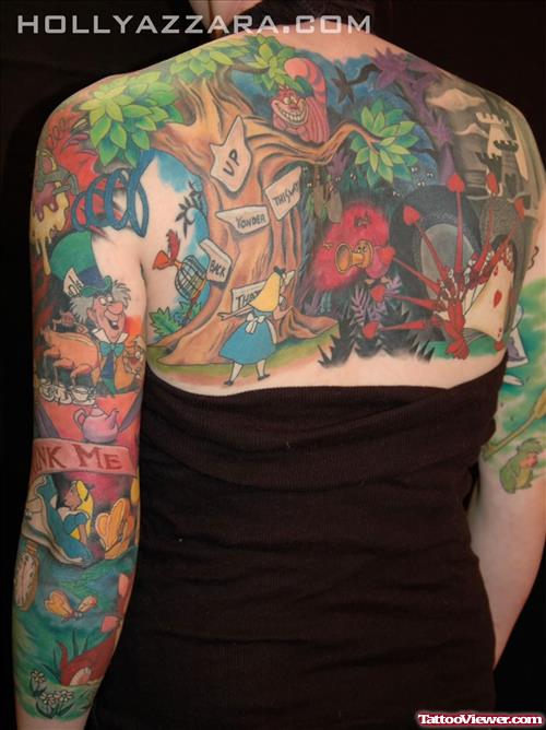 Animated Tattoo On Girl Upperback And Both SLeeves