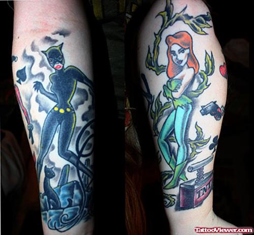 Animated Girl and Bat Girl Tattoo On Sleeve