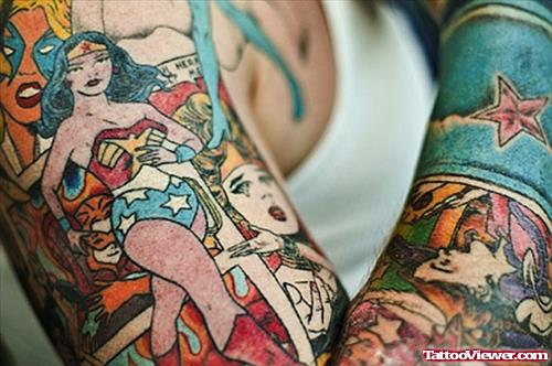 Awesome Color Ink Animated Girl Tattoo On Half Sleeve
