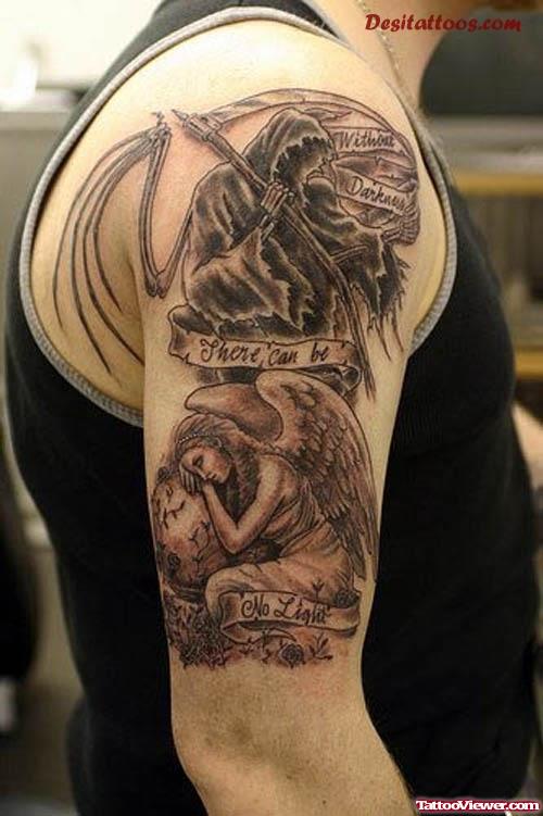 Grey Ink Grim Reaper And Angel Animated Tattoo  On Half Sleeve