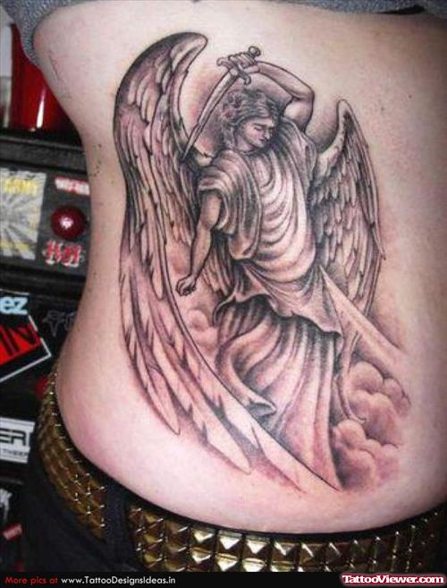 Grey Ink Angel Animated Tattoo On Side Rib