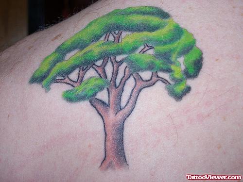 Green Tree Animated Tattoo On Back Shoulder
