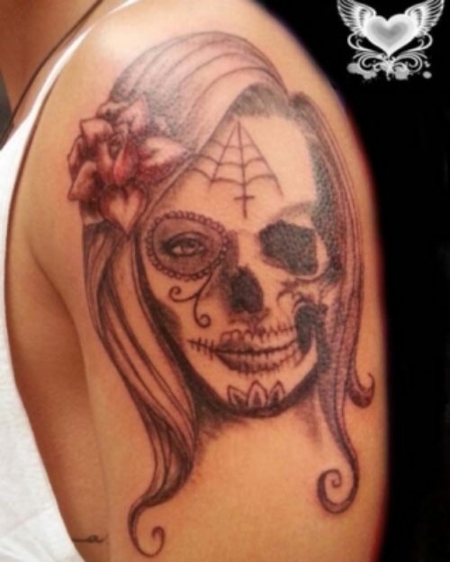 Grey Ink Dia De Los Muertos Animated Tattoo On Left Shoulder