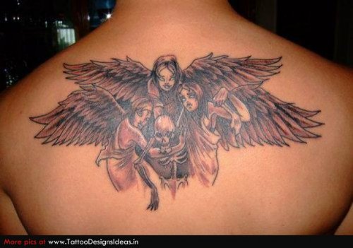 Attractive Grey Ink Angel Animated Tattoo On Upperback