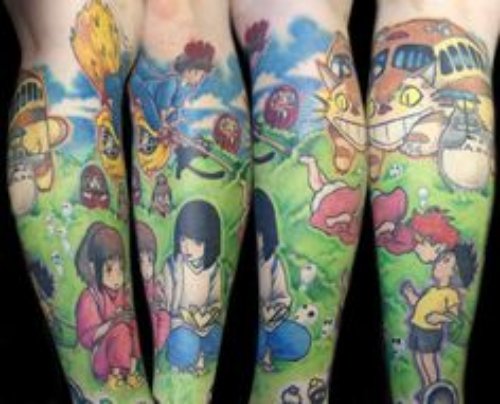 Awesome Colored Animated Tattoo On Sleeve
