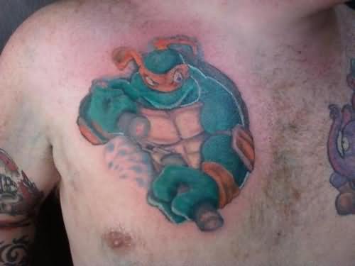 Colored Animated Tattoo On Man Chest