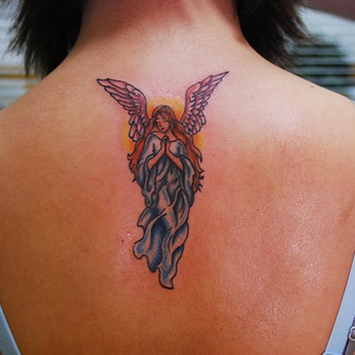 Color Angel Girl Animated Tattoo On Upperback