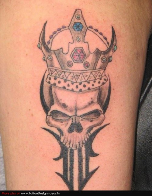 Grey Ink Skull And Tribal Animated Tattoo