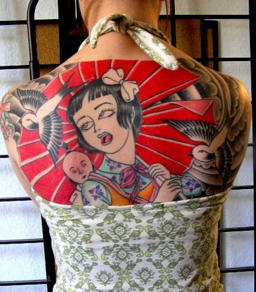 Animated Girl And Flying Birds Tattoos On Upperback