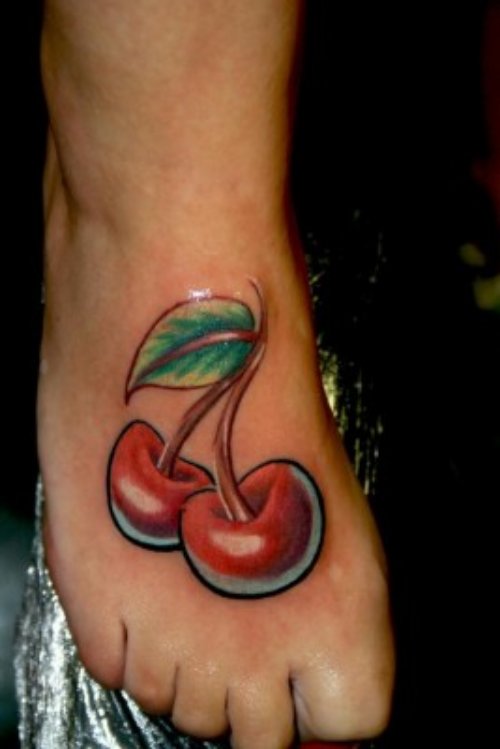 Red Cherry Animated Tattoo On Right Foot